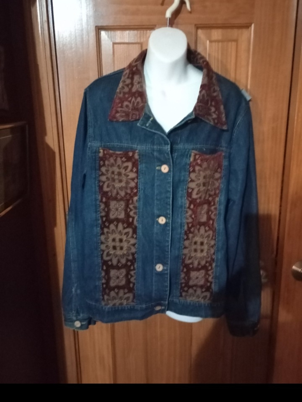 Denim Jacket with Burgundy Patterned Panels